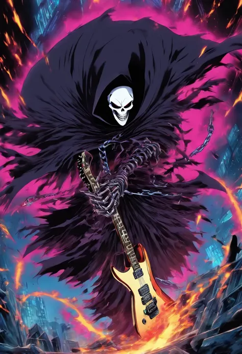 Japanese manga about a grim grim reaper is jumping and playing an electric guitar with angry face and the chain of thorns around the neck with fisheye camera angle drawing style by Tite Kubo