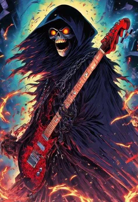 Japanese manga about a grim grim reaper is jumping and playing an electric guitar with angry face and the chain of thorns around the neck with fisheye camera angle drawing style by Tite Kubo