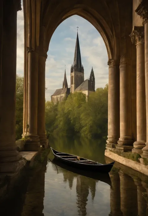 a painting of a painting of a cathedral with a young woman in a boat in the water on a lake, (junge Frau mit Sonnenschirm im Boot), ein Matte Painting von Friedrich Gauermann, Pinterest (Englisch) (Englisch) (Englisch), Gotische Kunst, carl friedrich, Neug...