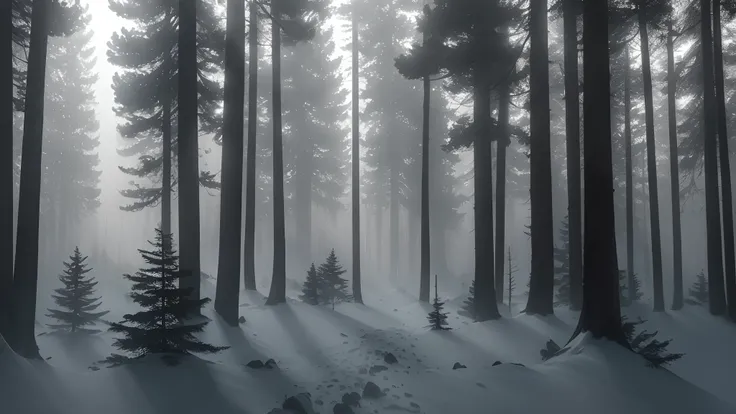 Dense pine forests 4k quality highly dense with fog almost no visibility due to fog dark cloudy daytime  almost no sunrays 10 percent  visibility due to fog traditional 90s lamp nearby. Hyper realistic 4k quality