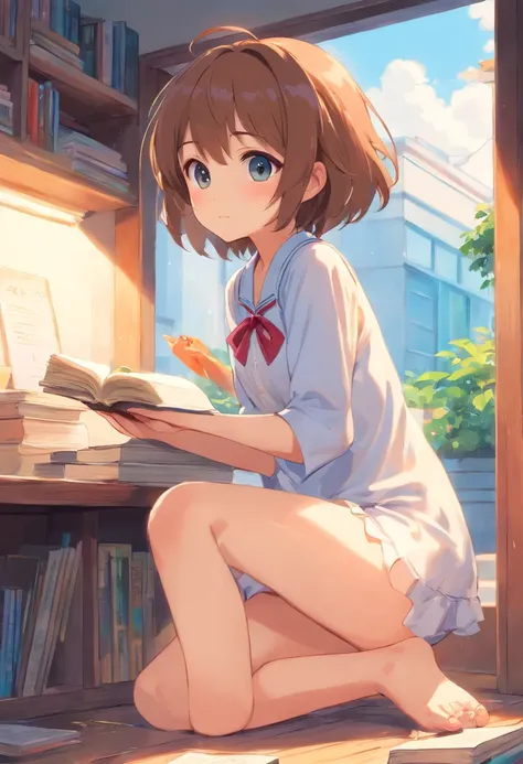 Cute loli，Barefoot，Tummy down，head looking up，Raise your feet，shift dresses，white  panties，largeeyes，Anime cute face，looking at book，Wet da,slowly pulling panties down