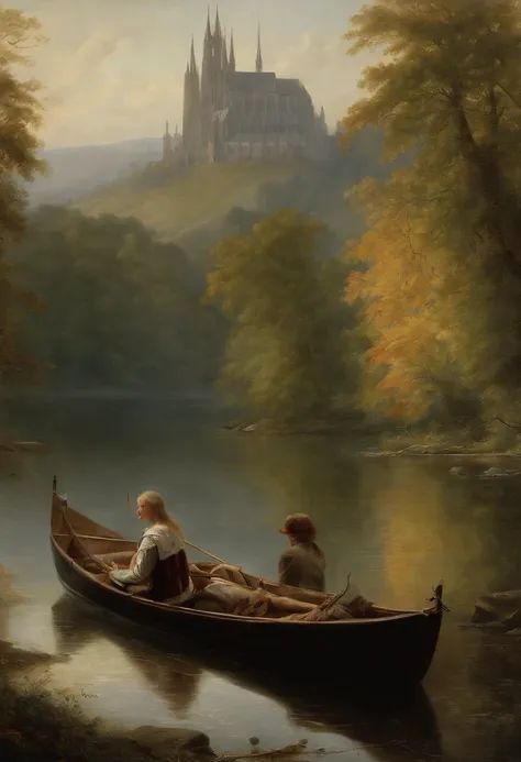 a painting of a painting of a cathedral with a young woman in a boat in the water on a lake, (junge Frau mit Sonnenschirm im Boot), Junge Frau mit rotem Kleid, ein Matte Painting von Friedrich Gauermann, Pinterest (Englisch) (Englisch) (Englisch) (Englisch...