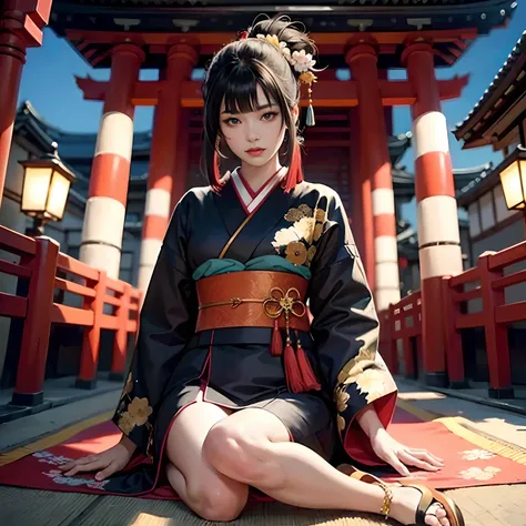 Cyberpunk style,BRAEK,Background of details(Temples and shrines in Kyoto(with no people)),BREAK,elaborate costume{Luxury kimono(Colorful kimono(detailed embroidery,))}、1womanl(Japanese actressl:1.2)(face perfect:1.2),Depicting a beautiful and classy adult ...