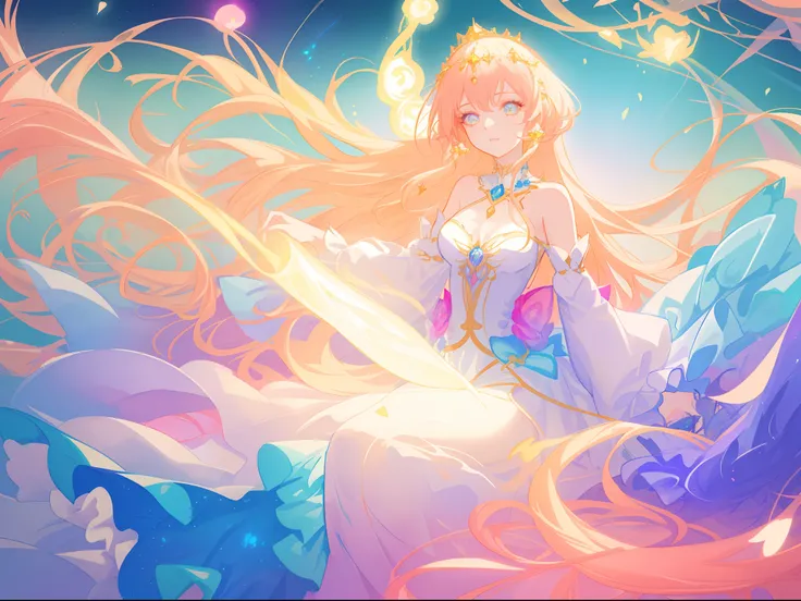 beautiful anime girl in white princess ballgown, vibrant pastel colors, (colorful), magical lights, golden long hair made of liquid light, sparkling lines of light, inspired by Glen Keane, inspired by Lois van Baarle, disney art style, by Lois van Baarle, ...