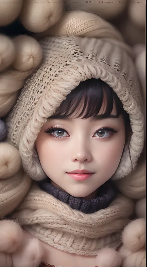 Masterpiece, Best quality, Photorealistic, Ultra-detailed, finedetail, 超高分辨率, 8K wallpaper, The face of 1 beautiful woman,Wool felt wrapped,Beautiful detailed eyes, Smile, Background wool felt world，Wool knit fabric background，