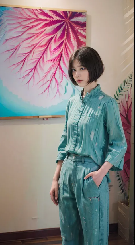 20
(Shorthair:1.3), (a 20 yo woman), (A hyper-realistic), (masutepiece), (8KUHD), Woman in long pants, Small eyes, Focus on the face, (The walls of the room are fractal abstract paintings:1.23)