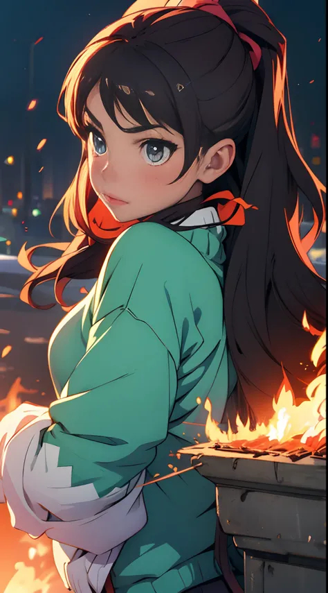 a beauty girl　Anime style　wearing sweater　The sleeve is on fire