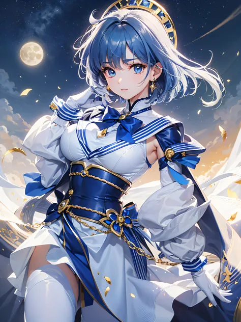 best quality,masterpiece,reality:0.8,1girl ,moonlight,under the moon,at night,rich background,((Ami Mizuno)),(Sailor Mercury,)Sailor suit, magical girl,dark blue hair, blue pupils, White pure blue skirt, blue collar with white stripes, light blue bows on t...