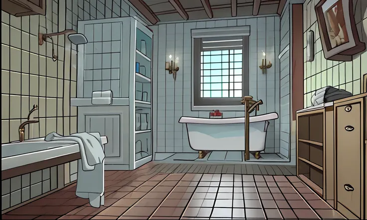 There is a bathroom with sink and bathtub, Juego de aventuras point-and-click, escena de fondo aleatoria, Arte de fondo interior, Captura de pantalla del juego, escena de corte, Captura de pantalla del juego interior, Captura de pantalla del juego, Escena,...