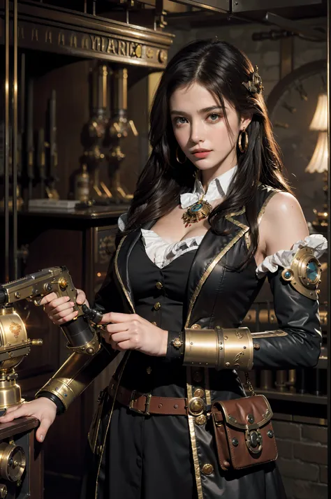 Best Quality, Masterpiece, Ultra High Resolution, Steampunk, Bronze City, Robotic Arm, Heavy Machinery, Steam Engine, Classical British Style, 1girl, British Pretty Girl, British Costume, Monocle, Alchemist, Glowing Hair Accessories, Earrings, (Firearms),