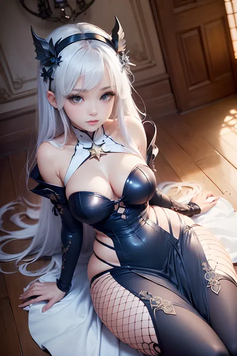 ((16ｋ,Raw photography,top-quality,hight resolution,Ray tracing,PBR Texture,Post-processing,)),(((White long dress, White Bondage,Cute Japan anime girl,overload,albedo,succubus,Winged woman,Long straight dark indigo hair,Big breasts that emphasize cleavage,...