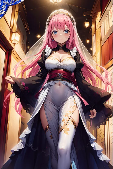 highest  quality，a beauty girl，Enchanted，divino，having fun，(Light Victorian dress)，Pink hair，eBlue eyes，(Fabric headdress)，super ultra detail，Ruffles，Lace，Multi-colored cloth，Embroidery，Pattern，decor，(exquisite costumes)，see-through transparent clothes，Bed...