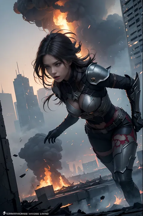 Realistic render of a glowing female hero in state-of-the-art armor, standing her ground against a horde of monsters fused with swirling black smoke. The city skyline is marked by crumbling skyscrapers, fires, and billowing smoke, with monsters being blown...