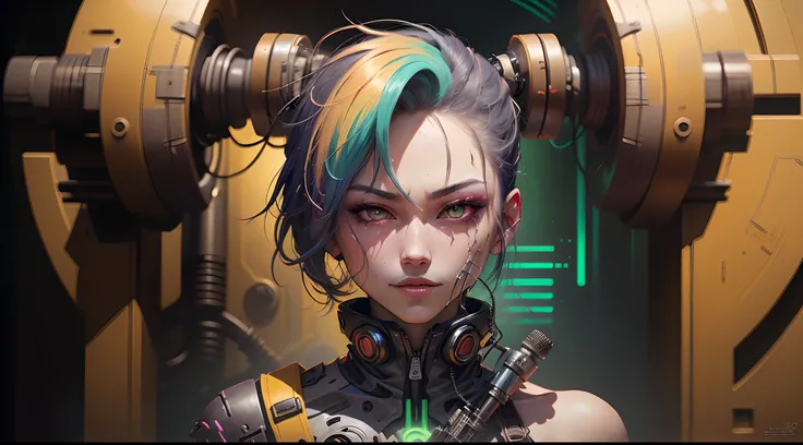 Anime Phonk Horror Album Cover with Neon Green Colors,estilo cyber punk, rainbow hair, mean smirk, segurando uma katana,