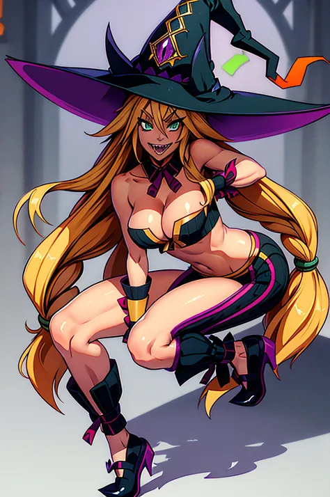 Metallia, long blond hair, twin braids, green eyes, - sharp teeth, witch hat with an purple eye, bare shoulders, wrist cuffs, detached collar ,midriff, cleavage, pants, shoes, thighs cutout, 1girl, solo, facing viewer, looking at viewer, smile, open mouth.