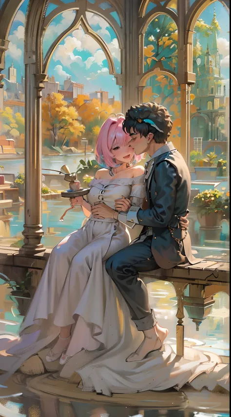 riamu,guts,couple,husband and wife,love dovey couple,sitting,hug,kiss,smile,(best quality,4k,8k,highres,masterpiece:1.2),ultra-detailed,(:1.37),traditional oil painting,romantic evening scene,soft lighting,vivid colors,expressive brushstrokes,late summer s...