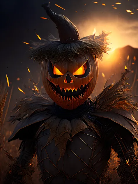 Close-up ( Scarecrow pumpkin head from Marvel in Goth style: 1.3) emerging from the dry Cornfield, extremely detailed, smoke, sparks, metal shavings, flying debris, volumetric light