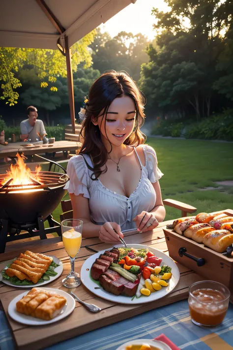 (best quality,4k,8k,highres, masterpiece:1.2),ultra-detailed,(realistic,photorealistic,photo-realistic:1.37),barbeque in a green garden,warm fire,nature,grassy lawn,beautiful flowers,colorful butterflies,sunlit trees,cozy atmosphere,delicious aroma,relaxed...