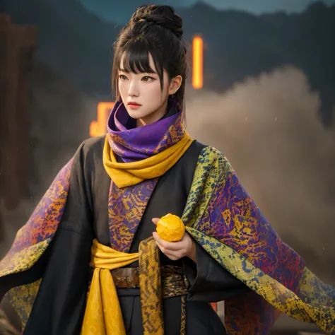 8K quality,1 girl，Backstreets，Side 32K，exteriors，Roof，People are small（tmasterpiece，k hd，hyper HD，32K）Long flowing black hair，Tang dynasty complex，zydink， a color，废墟（canyons）， （Linen batik scarf）， Combat posture， looking at the ground， Linen bandana， Chine...