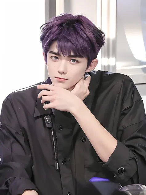 1 boy, 17 years old, Purple hair color, Purple eyes color, Black shirt, Realistic, Ultra detail, 70 mm lens