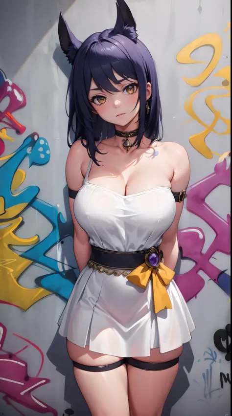 Kujou Sara|genshin impact, master-piece, bestquality, 1girls,25 years old, gigantic breasts, Wedding Dresses, White Wedding Dress, wedding,Long skirt, oversized breasts, ,bara, choker, (Graffiti:1.5), Splash with purple lightning pattern., arm behind back,...