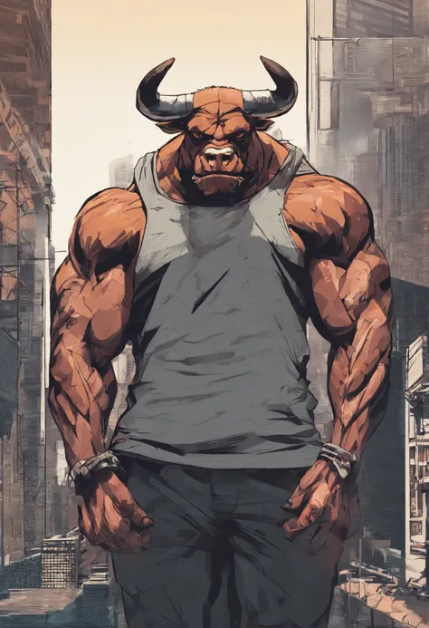 ((foto crua)), ((obra-prima)), Anthropomorphic humanoid bull wearing (((roupas de streetwear))), caminhando furiosamente entre as pessoas, detalhe intrincado, intricate Greebles pieces, city behind, corpo musculoso, (((large muscles))), muscular arms, (sma...