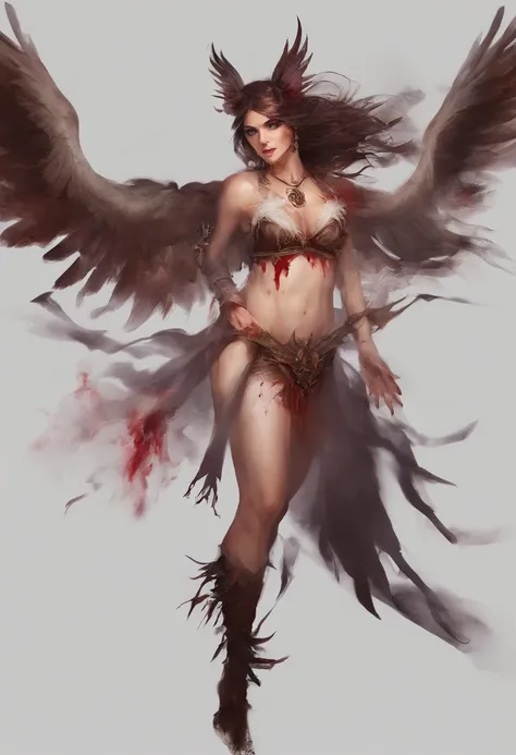 flying, snarling harpy, menacing claws, blood dripping, suggestive female bodies, dark and eerie atmosphere, detailed feathers, haunting eyes, ethereal wings, sinister aura, cinematic quality, high resolution, photorealistic rendering, dramatic lighting, n...