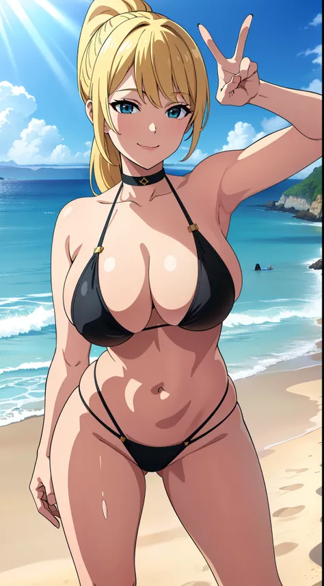 (best quality:1.5, highres, UHD, 4K, detailed lighting, shaders), blonde ponytail, busty, sexy, black bikini, standing, (pov, close shot), beach background, smiling, peace sign