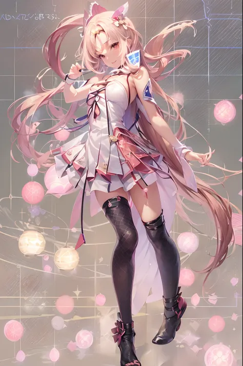 ((16ｋ,Raw photography,top-quality,hight resolution,Ray tracing,PBR Texture,Post-processing,)),(((Pink leather bondage skirt , Cute Japan anime girl,Sword Art Online,Haruka Tomatsu,long long straight blonde hair,Emphasize cleavage,bare hand,Thin leg,The num...