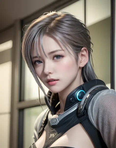 (8K, Photorealistic, Raw photo, of the highest quality: 1.3), (1girl in), Super beautiful, (Realistic face), (boyish, Silver Color Berry Shorthair), Beautiful cyberpunk suit, Glare that captivates the viewer, Beautiful expression, Beautiful breasts, (a tru...