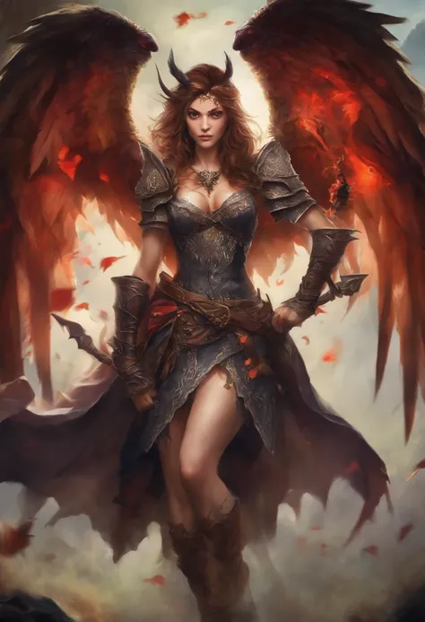 (best quality,ultra-detailed,realistic:1.37),(HDR,UHD,studio lighting),flying snarling harpy,claws dripping with blood,bestial wings and horns but vaguely sexual female human,portraits,dungeons and dragons enemy portrait