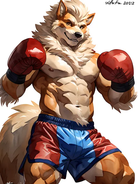 anthro Arcanine, posing for the camera, wearing boxing gloves. 4k, high resolution, best quality, posted on e621, (solo:1.2), anthro body, male, mane, adult, masculine, (athletic, muscular, heavyweight:1.2), correct anatomy, (white background, no backgroun...