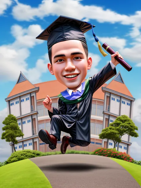 (masterpiece), (best quality), 4K, 8K, HD resolution, caricature, 1boy, graduation,  graduates, indonesian graduation, black long pants, toga hat, holding diploma scroll, jumping on the road, university building background, white clouds, blue sky, garden, ...