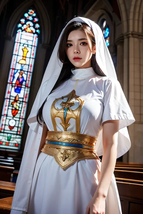 ​masterpiece、top-quality、ultra-detailliert、(priestess:1.2)、独奏、Cosplay、inside a church、stain glass、doa, ​masterpiece, top-quality, hightquality, hight resolution, nun clothes、A sexy