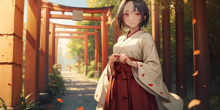 (ahoge, short hair, black hair:1.6), forehead, red eyes, 1girl, petals, 1girl, japanese_clothes, solo, hakama, miko, red_hakama,...