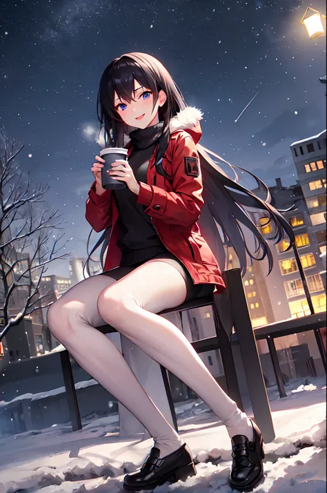 1girl, winter, Holding a cup of coffee in your hands, red jacket, Upskirt, black tights, Ultra Detailed, Background, black hair, blue eyes, Smile, snowing, straight hair, detailed legs, octans, skye, Star(skye), scenery, Starry sky, night time, night  sky,...