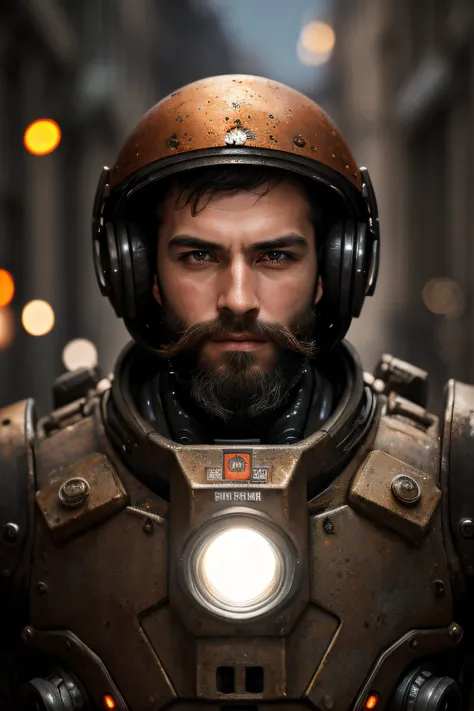 Portrait photo of muscular bearded guy in a worn mech suit, ((light bokeh)), intricate, (steel metal [rust]), elegant, sharp focus, photo by greg rutkowski, soft lighting, vibrant colors, masterpiece, ((streets)), detailed face