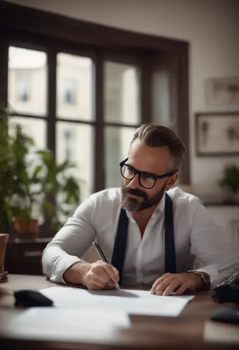 Real estate agent drafting a contract in his office, brun avec des lunette, light facial hair