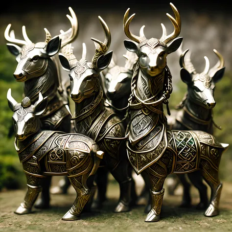 RPG Model,CeltPunkAI ,Silver figurines  ,  A deer clad in gilded armor , stands in full growth , His boots are visible , Next to the deer sit four dogs dressed in armor , Front light.