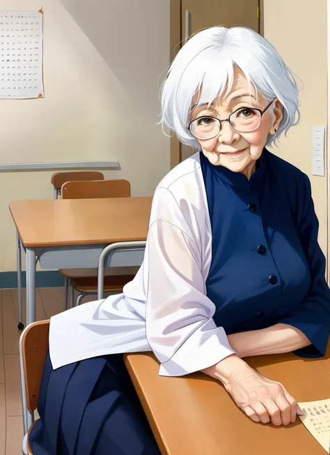 School Principal、old lady、1人、Principals Room、white  hair、Kind look、Elbows resting on the desk