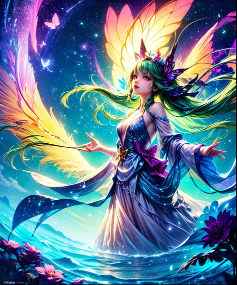 Cute girl characters、green grass々Depicts a butterfly flying over the water, Looking up at the starry sky. Surround her with colorful nebulae and colorful forests.