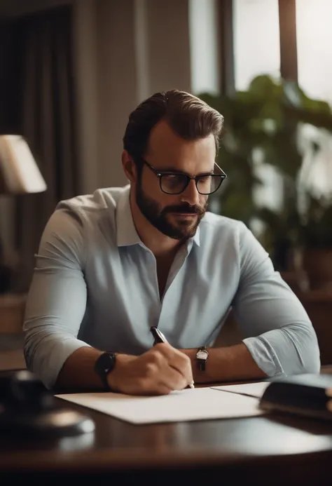 Real estate agent drafting a contract in his office, brun avec des lunette, light facial hair, 25 ans, avec un polo, French, Lightly tanned skin.