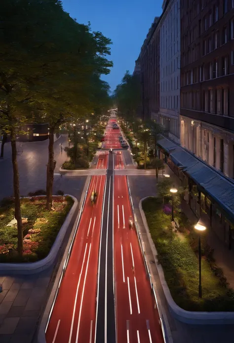 (tactical urbanism:1.1,pedestrianized street,blue cycle path,diverse pedestrian crossings,tree planting,street furniture,cityscape,night lights,vibrant colors,modern design)