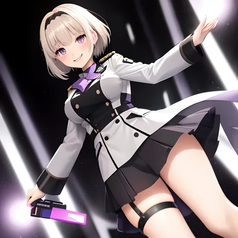 Short hair, Purple greyish eye, anime, German uniform, girl, blonde, black and white uniform, vivid, blaster, Teen, C cup, vivid, smile