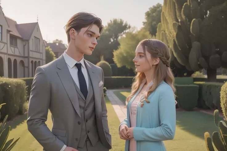 year: 2023. Location: Phoenix. Pre-Raphaelite scene with a 21-year-old Dominic Sherwood in an grey suit, standing in the backyard of a mansion, with a ((cheerful Emma Myers)), looking at each other, ((((casual Clothing from the 2020s)))) ((Hairstyle of the...