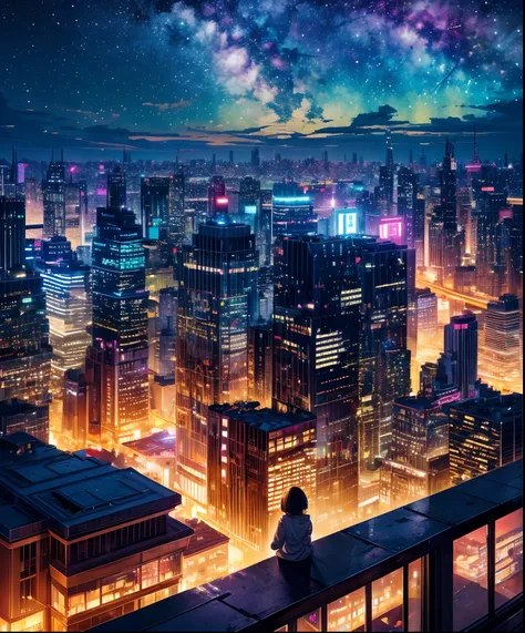 Sheet music playback、Colorful sheet music is played、Cute girl characters、 Night view from a high place、Drawing a large number of skyscrapers, Looking up at the starry sky. Surround her with colorful nebulae and colorful metropolis.