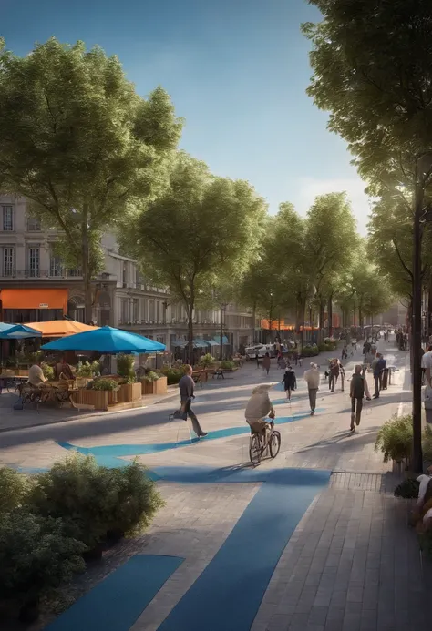 (tactical urbanism:1.1,pedestrianized street,blue cycle path,diverse pedestrian crossings,tree planting,street furniture, lights,vibrant colors,modern design)