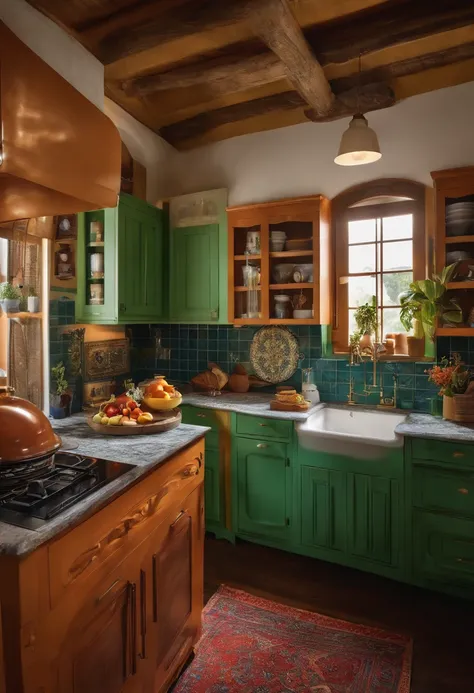 Homem Branco de cabelo castanho. The setting is in a colorful American-style kitchen