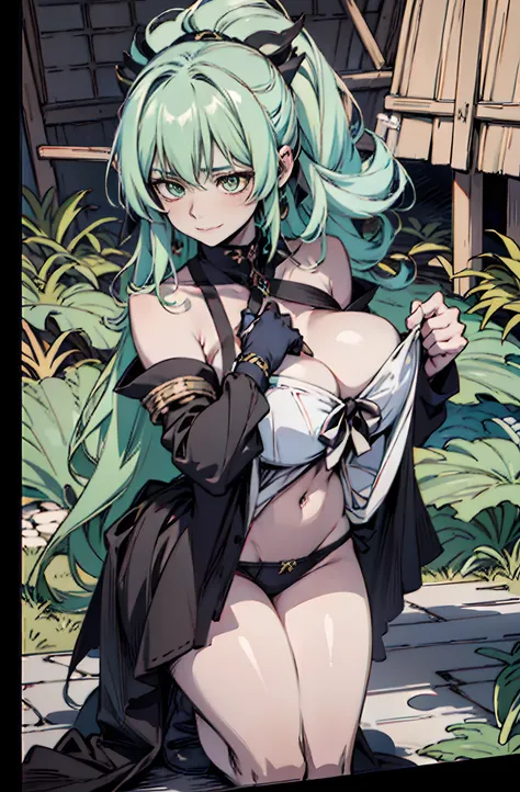 Pure sky，Plump legs，Green gem setting，Anime girl standing gracefully on the ground，Black cape and green hair, rogue anime girl, Anime girl standing, Wearing a cloak on the blasted plain, asuka suit under clothes!, Cyborg girl, badass posture, mechanic punk...