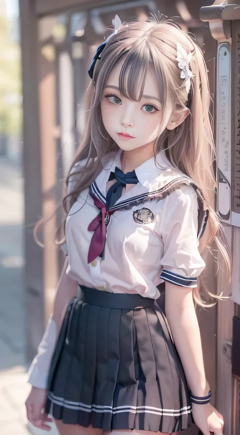 Portable Wallpapers,Super beautiful photo，High school girl waiting at school gate，bob cuts:1.7，a 18 year old girl，FULL ANATOMY,Woman like a goddess，Highly detailed background，Realistic，hyperdetailed face，super detailed skin，Detailed beautiful face and eyes...